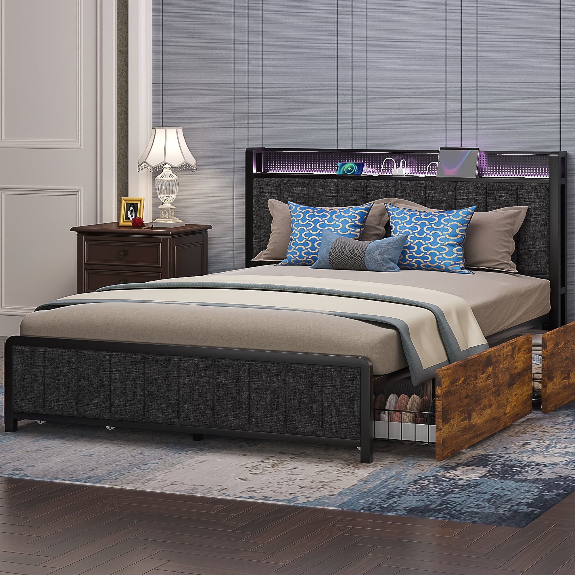 VECELO Bed Frames with Charging Stations Upholstered Platform Beds with Storage Headboard and 4 Drawers