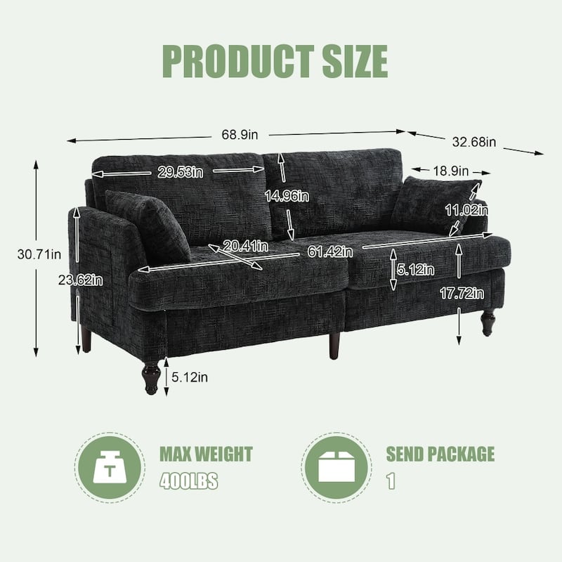 Modern Chenille 2-Seater Wood-Legged Sofa with LED light, USB Charging Port and Storage Bag
