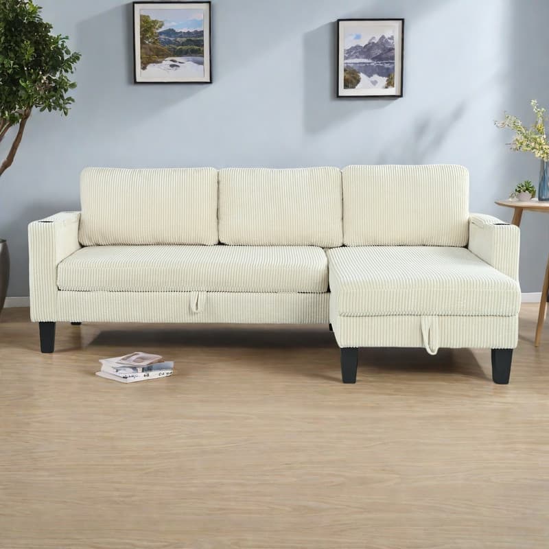 82.5" Corduroy Reversible Sectional Sofa with Storage Chaise, USB Ports, and Convertible Sleeper