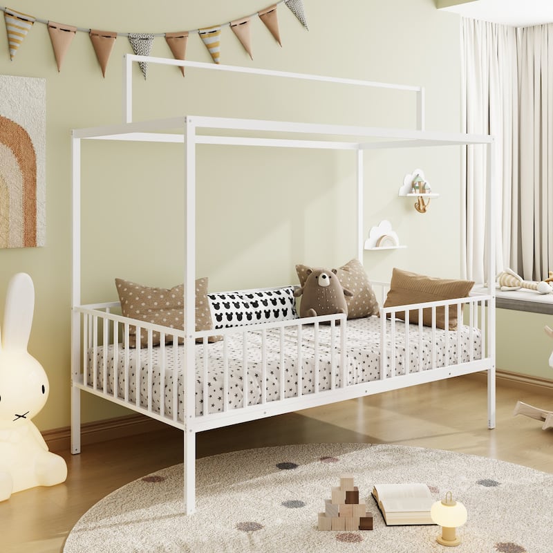 3-in-1 Convertible Metal Bed for Kids, Toddler Floor Bed, Fenced Bed and Montessori Elevated Bed with House-shaped Frame