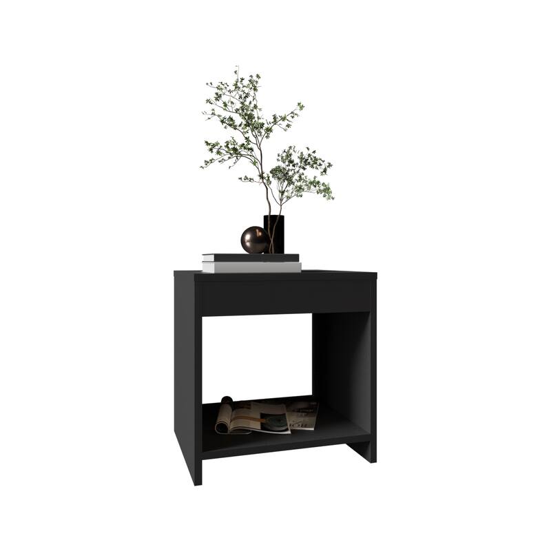 Compact Black Night Table with Spacious Shelf, Durable Engineered Wood, and Modern Design for Bedroom