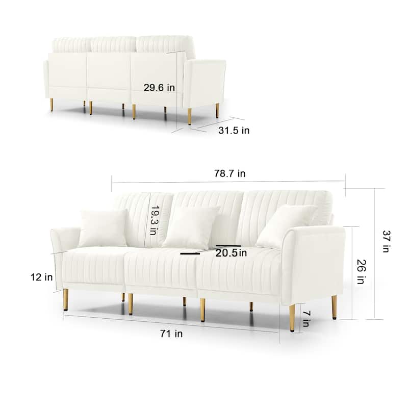 3-Seat Sofa Velvet Upholstered Living Room Tufted Back Couch Sofa with Reversible Cushions and Metal Legs, Includes Pillows