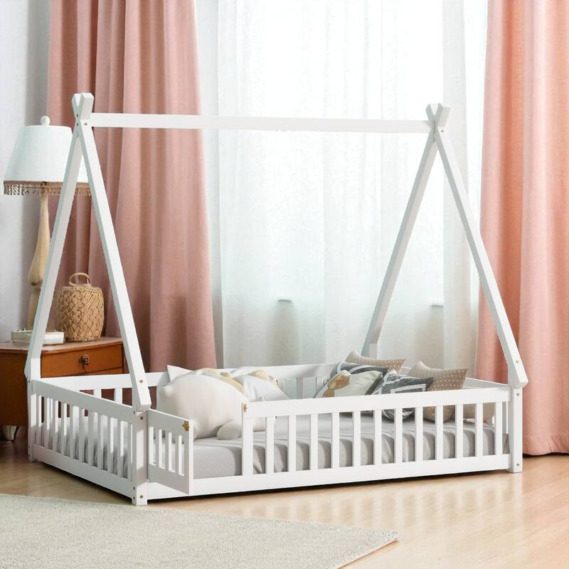Full Size Rubber Wood Teepee Floor Bed with Guardrails, Slats and Door for Kids Bedroom