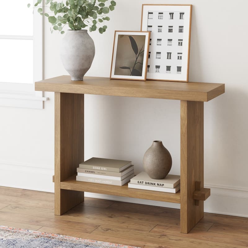 Nathan James Virgo Farmhouse 2-Tier Console Table in Wire-Brushed Wood Finish - Light Brown