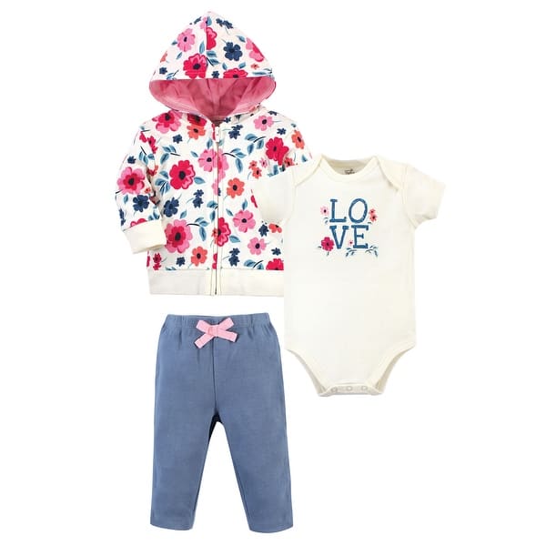 slide 1 of 1, Touched by Nature Baby and Toddler Girl Organic Cotton Hoodie, Bodysuit or Tee Top, and Pant, Garden Floral 0-3 Months - Garden Floral