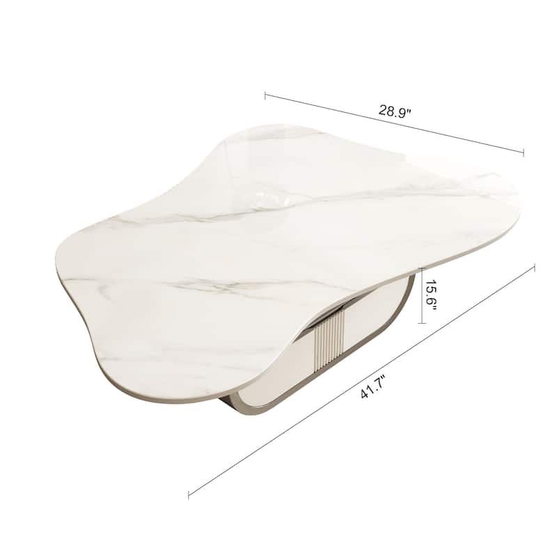 Butterfly Shape Coffee Table Center Table with Sintered Stone Top, Oval Stainless Steel Base, MDF Cabinet with Shelf and Drawer