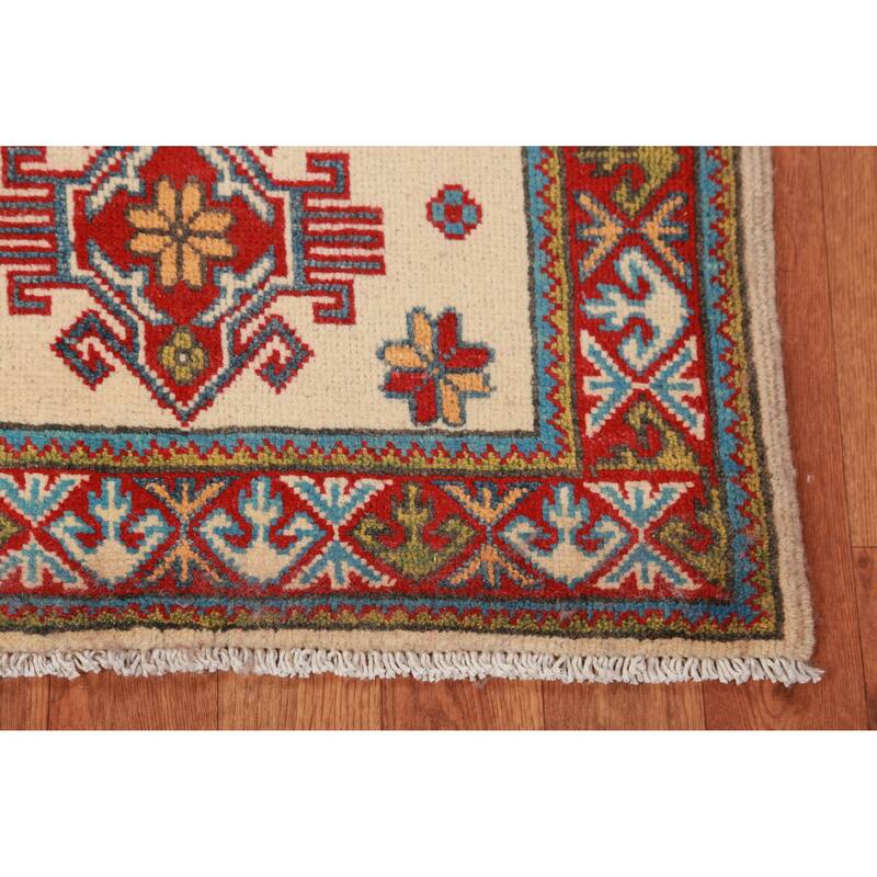 Geometric Kazak Oriental Rug Handmade Beige Wool Carpet - 2'0"x 3'0"
