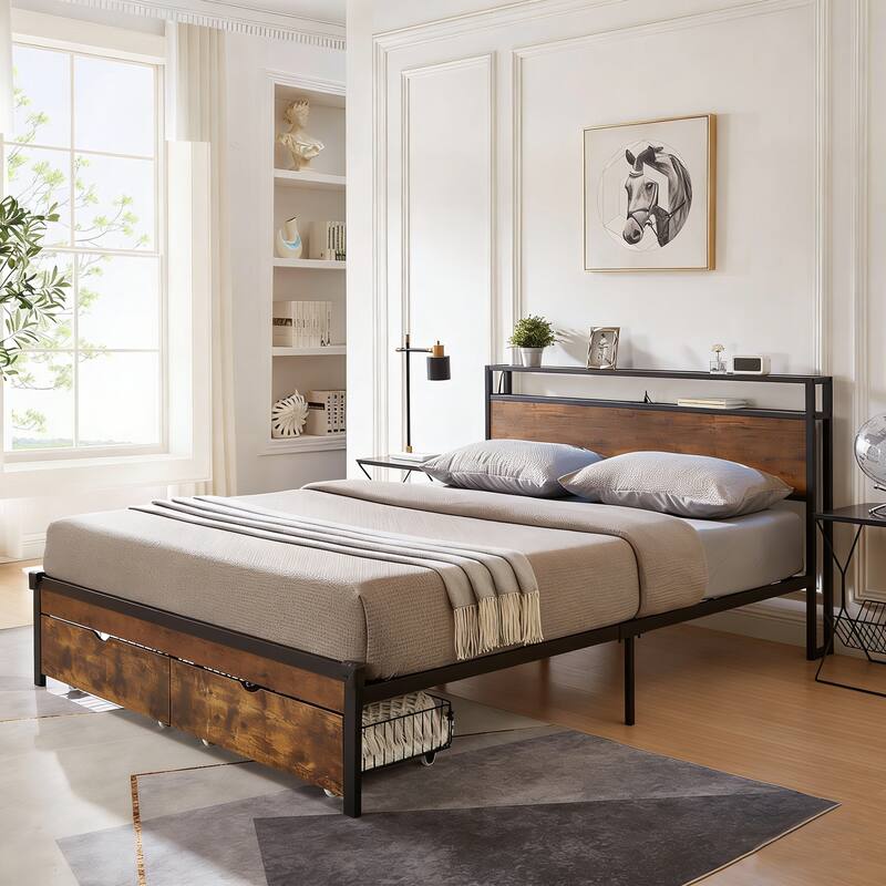 Queen Size Metal Platform Bed Frame with Footboard with USB,Charging Station,2 Drawers, No Box Spring Needed, Easy Assemble