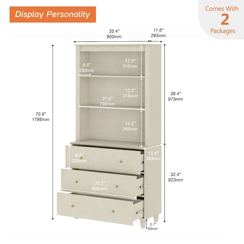 Modern 71" Tall Bookcase with Drawers & Open Shelves for Home Office