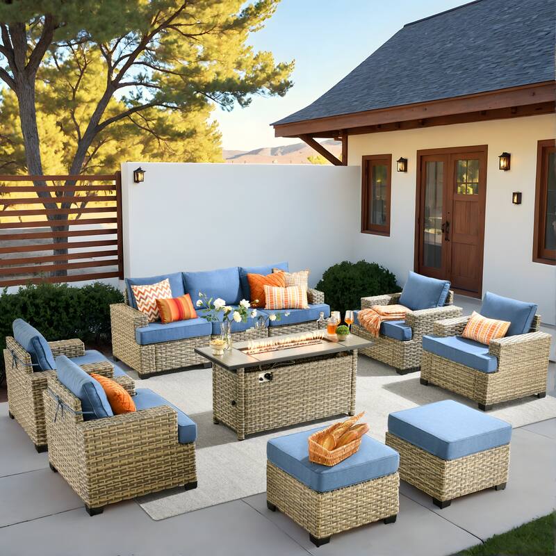 HOOOWOOO 10-piece Outdoor Wicker Wide Arm Patio Furniture Set with Fire Pit