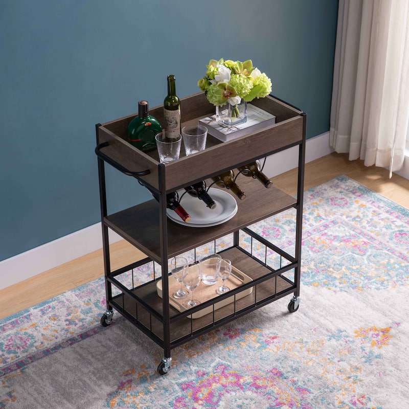 "Brown & White Kitchen Cart with 3-Tier Storage, Four Wine Bottle Rack, and Locking Wheels"