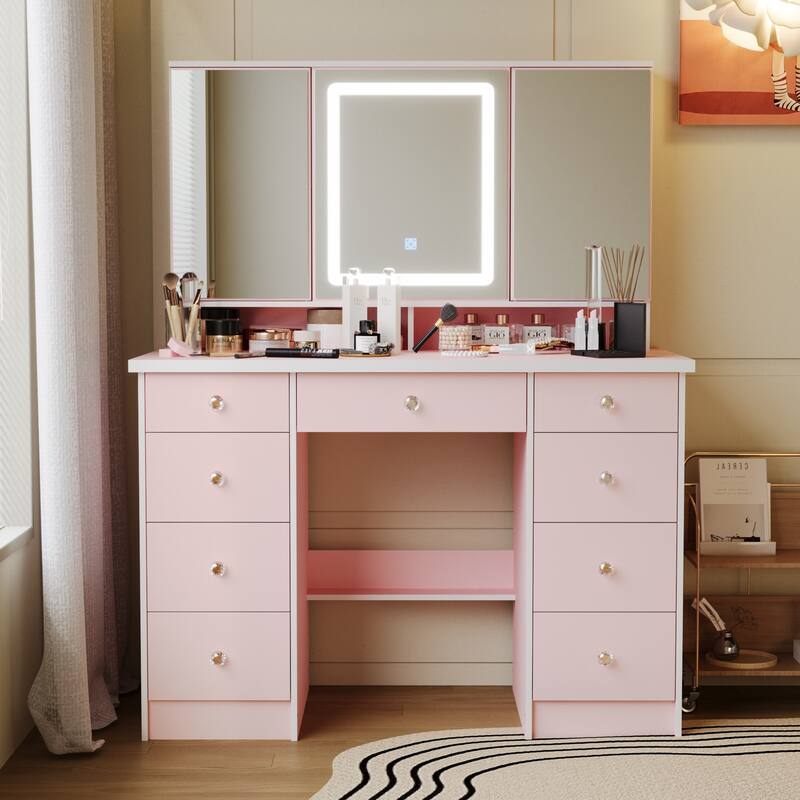Makeup Vanity with 3-Color Lighted Mirror, Large Vanity Table Dressing