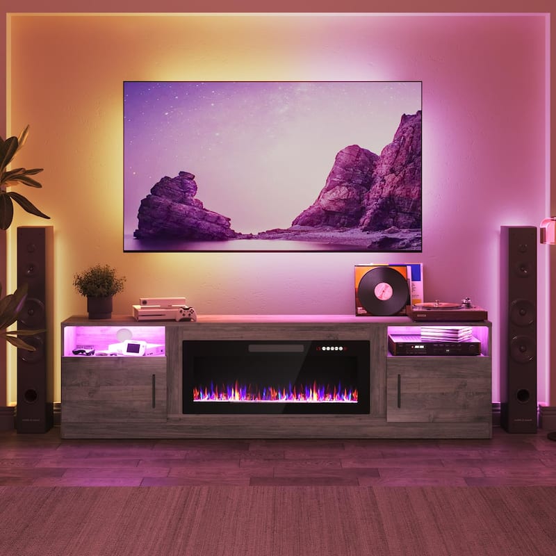 80" Modern Electric Fireplace TV Stand with 20-Color LED Lights, Fits Up to 90" TV, Adjustable Shelves & Cable Management