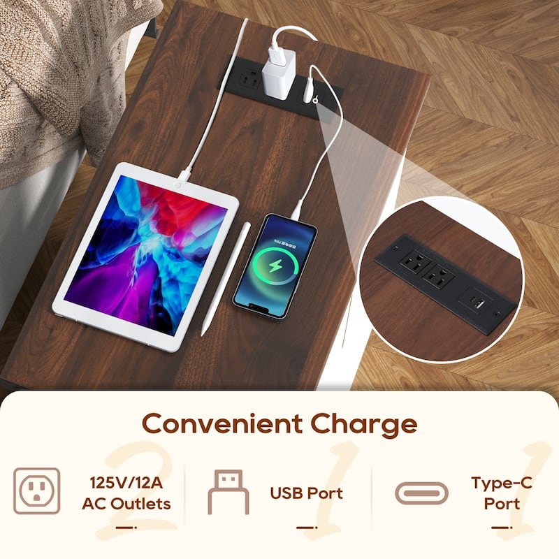 Side Table with Charging Station with Storage Shelf and Drawers