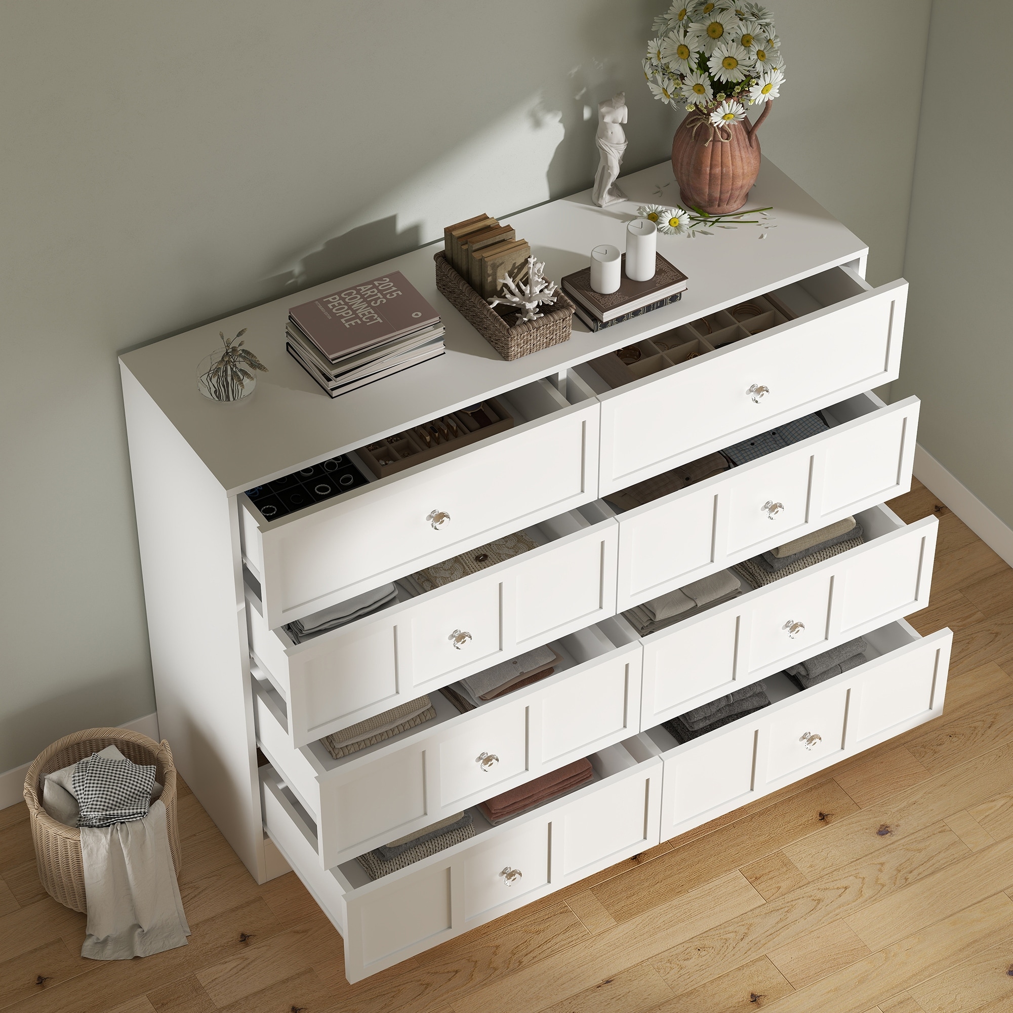 white dresser wood top Imerland Contemporary Wash Finish Patched 7-drawer Dres Roundhill Furniture lasting materials and secured with a tip 63" Wide 9-Drawer Dresser for