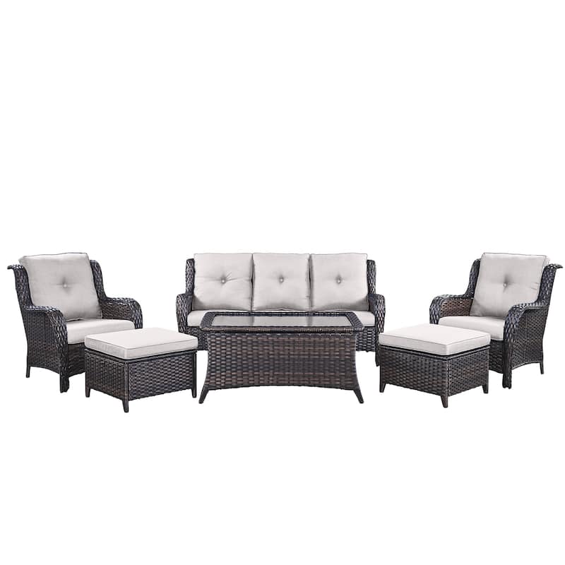 Pocassy 6 Pieces Outdoor 3-Seat Sofa Chairs Table Ottoman