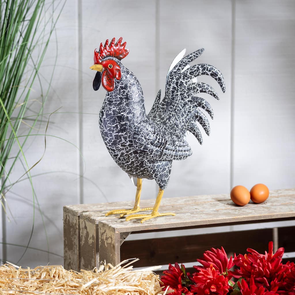 14" Metal Rooster With Feathers Statue