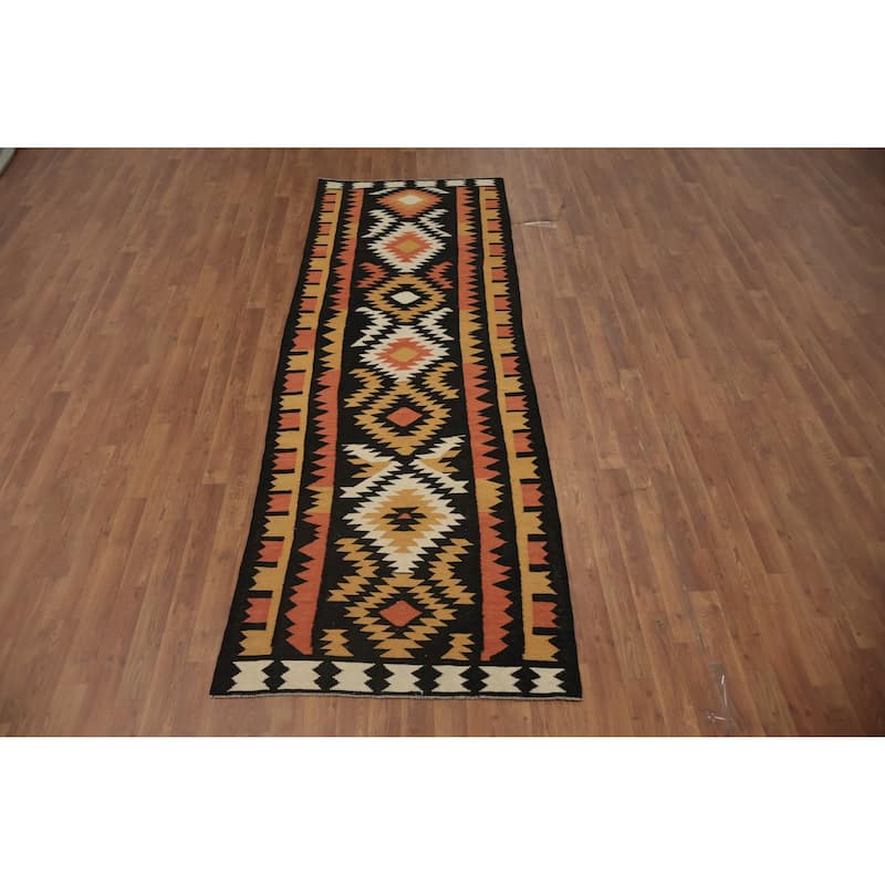 Hand Woven Oriental 100% Wool Carpet Southwestern Tribal Black Kilim Runner Rug - 9' 6'' X 3' 3''