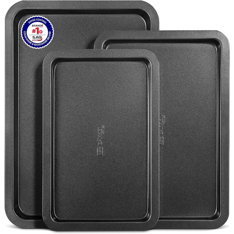 BAKKENMASTER Nonstick Baking Pan Set - Bakeware with Silicone Handles - Black - 3 Pieces