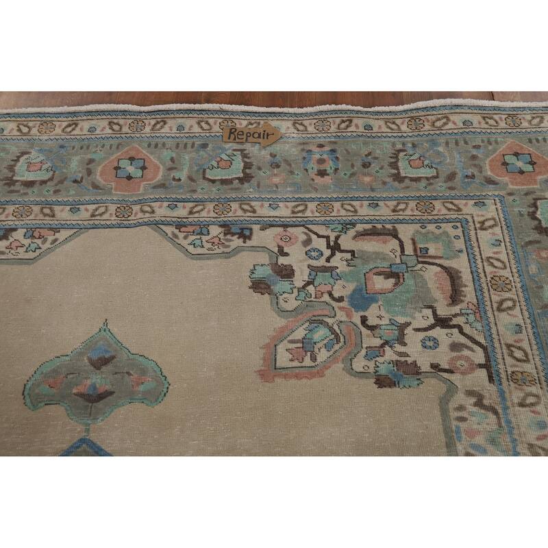 Geometric Beige Tabriz Persian Vintage Rug Hand-Knotted Wool Carpet - 8'3" x 11'0"