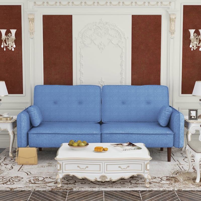 Fabric Futon Sofa bed with Solid Wood Leg - Blue