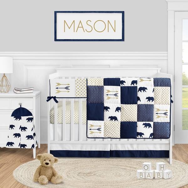 Woodland Bear Collection Boy 5 Piece Nursery Crib Bedding Set Navy Blue Gold And White Arrow Polka Dot Overstock 31785136