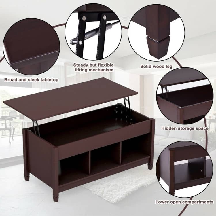 Lift Top Coffee Table with Hidden Storage Compartment-Coffee - 41" x 19.5" x (19"-24.5") (L x W x H)