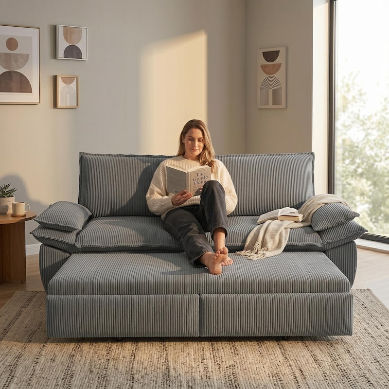 Homy Casa 73.2''/94.5" Queen/King Pull Out Sofa Bed, 3-in-1 Corduroy/Velvet Sleeper Couch