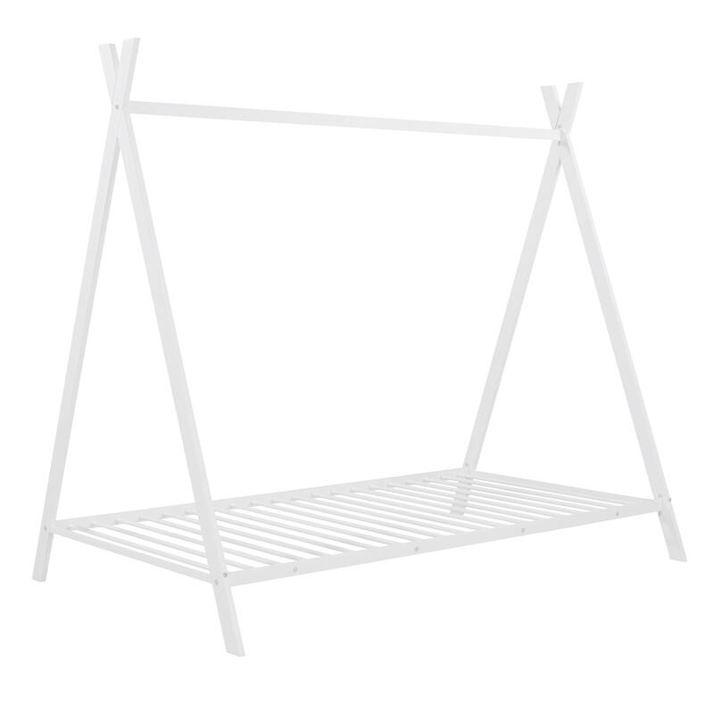 White Twin Size Metal House Tent Floor Play Bed with Slat for Kids, Girls and Boys