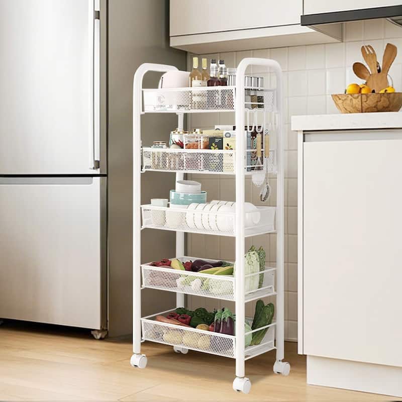 5-Tier Utility Rolling Cart On Wheels Storage Shelf for Narrow Space, Kitchen - White