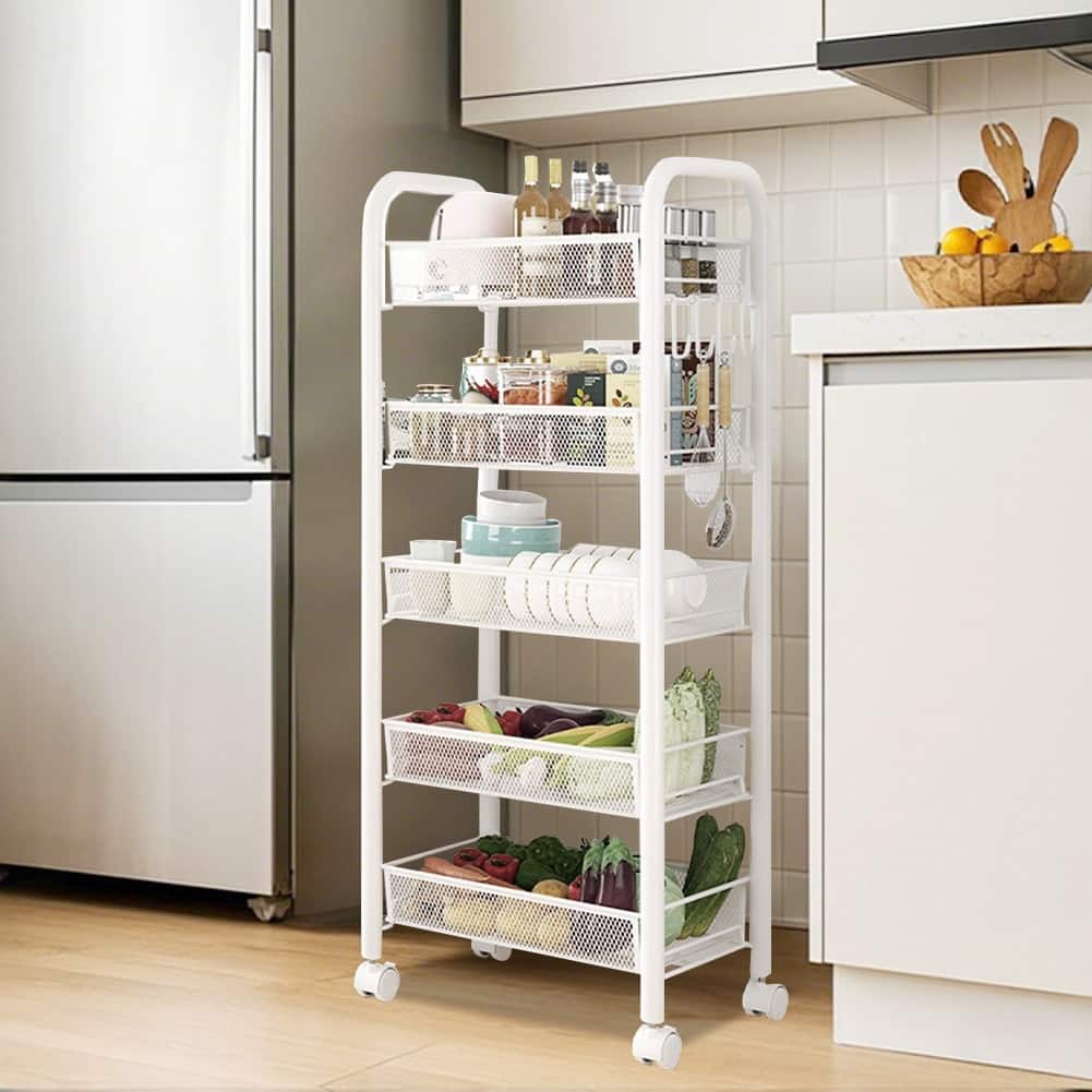 5-Tier Utility Rolling Cart On Wheels Storage Shelf for Narrow Space, Kitchen