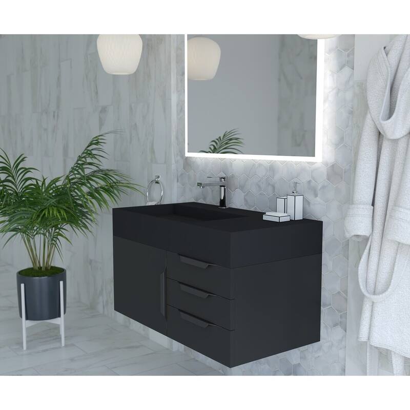 Amazon 36" Wall Mounted Bathroom Vanity Set w/ Black Top