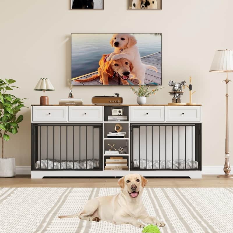 Wooden Dog Cage Crate Furniture TV Stand Large Dog Kennel with 4 Drawers and Shelves for 2 dogs