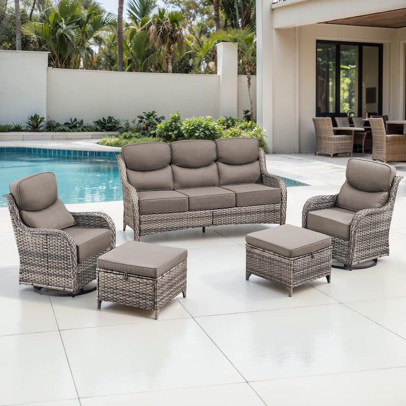 Gymojoy 5-Piece Patio Furniture Set with Swivel Glider Chairs, 6-Inch Ultra-Plush Cushions & Water-Resistant Olefin Fabric - Grey Wicker / Grey Cusion - 5-Piece