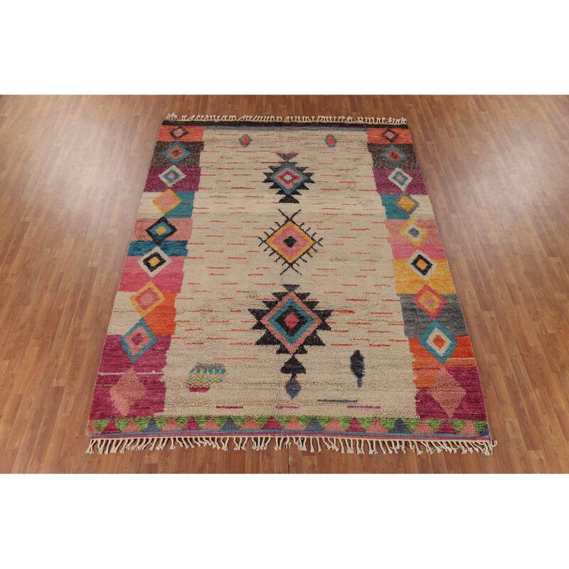 Geometric Plush Moroccan Area Rug Hand-Knotted Wool Carpet - 8'2" x 10'7"