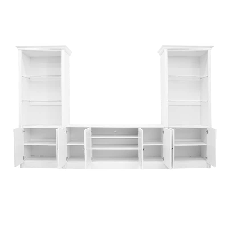 128" Wall Unit Entertainment Center with Bookshelves, Wood Media Console TV Storage Cabinets with Glass Doors for TVs up to 80"