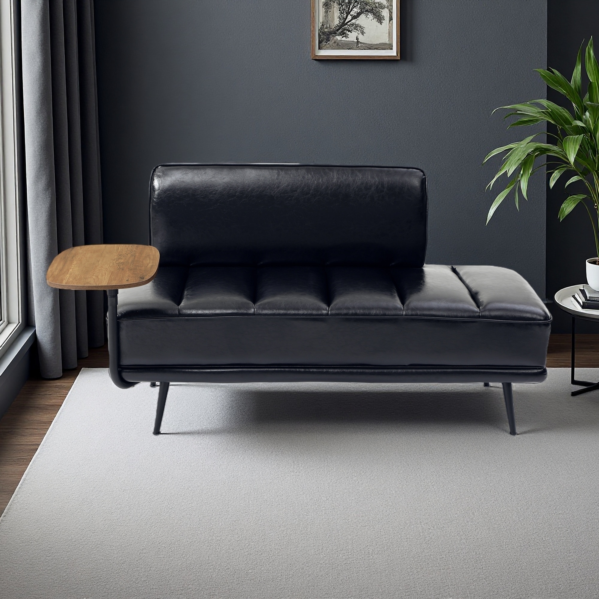 55"L End of Bed Bench Faux Leather Upholstered with Side Table, Swivel Tray Couch, Entryway Ottoman Window Bench with Metal Legs