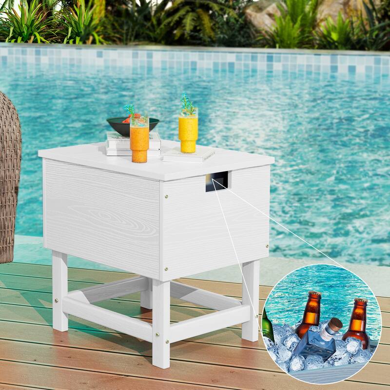 Outdoor Patio Weather Resistant HDPE Coffee & Side Table, Build-in Stainless Steel Cooler Bucket