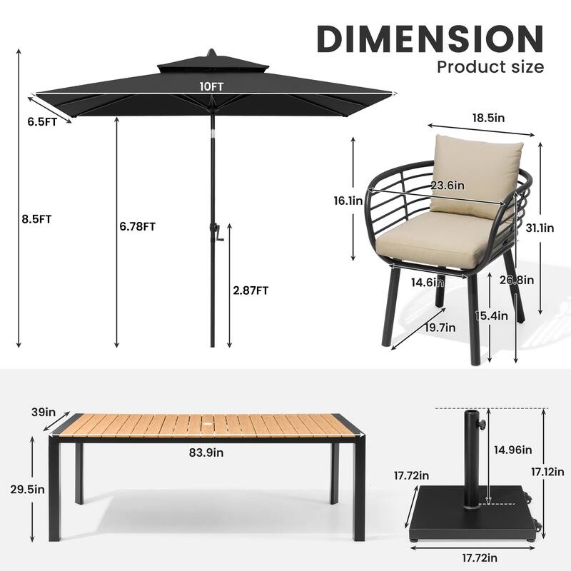 9/11-Piece Outdoor Dining Set w/10 ft Umbrella and Base Aluminum Dining Table and Chairs with Sunbrella Cushions