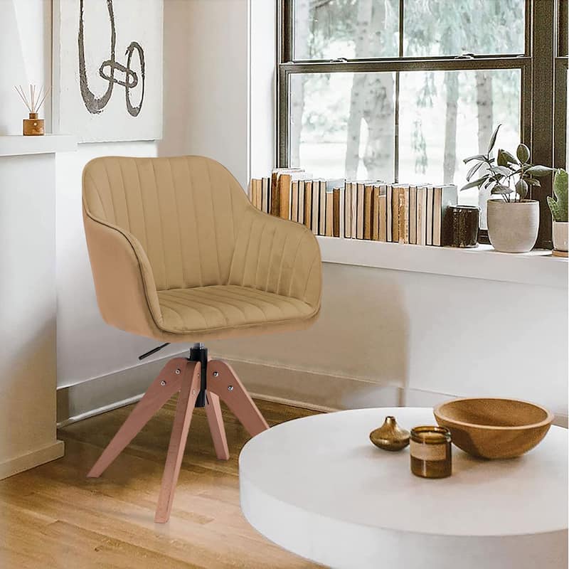 Modern Velvet Tufted Dining Armchair with Swivel and Solid Wood Legs Upholstered Accent Seat - 34.84”H x 16.53”W x 16.53”D