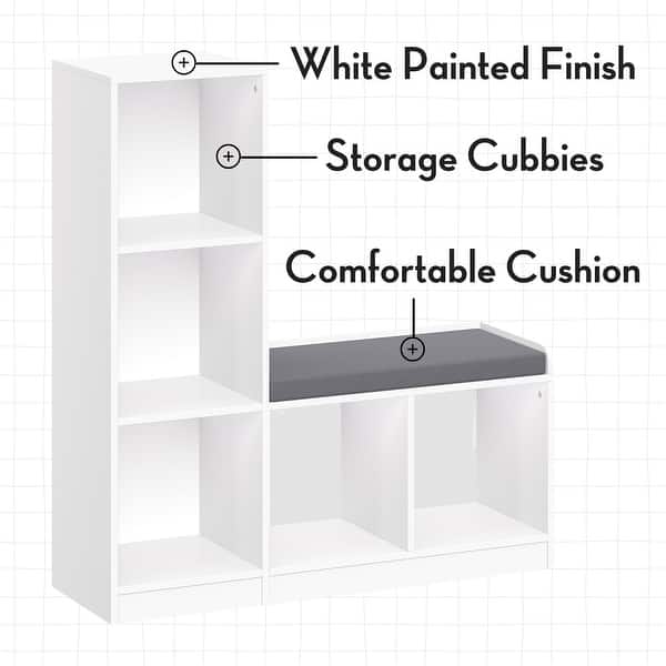 dimension image slide 1 of 2, RiverRidge Kids Cubby Storage Organizer Bench with 5 Toy Storage Shelves and Cushioned Seat for Playroom Storage - White