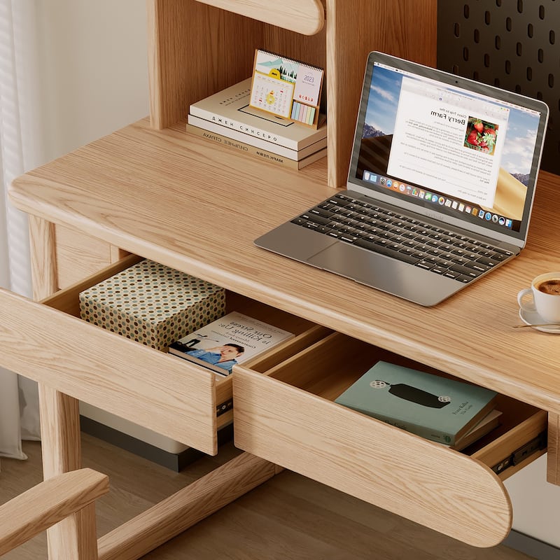 Kids Study Desk with Hutch,Student Writing Desk, Natural,Ash Wood