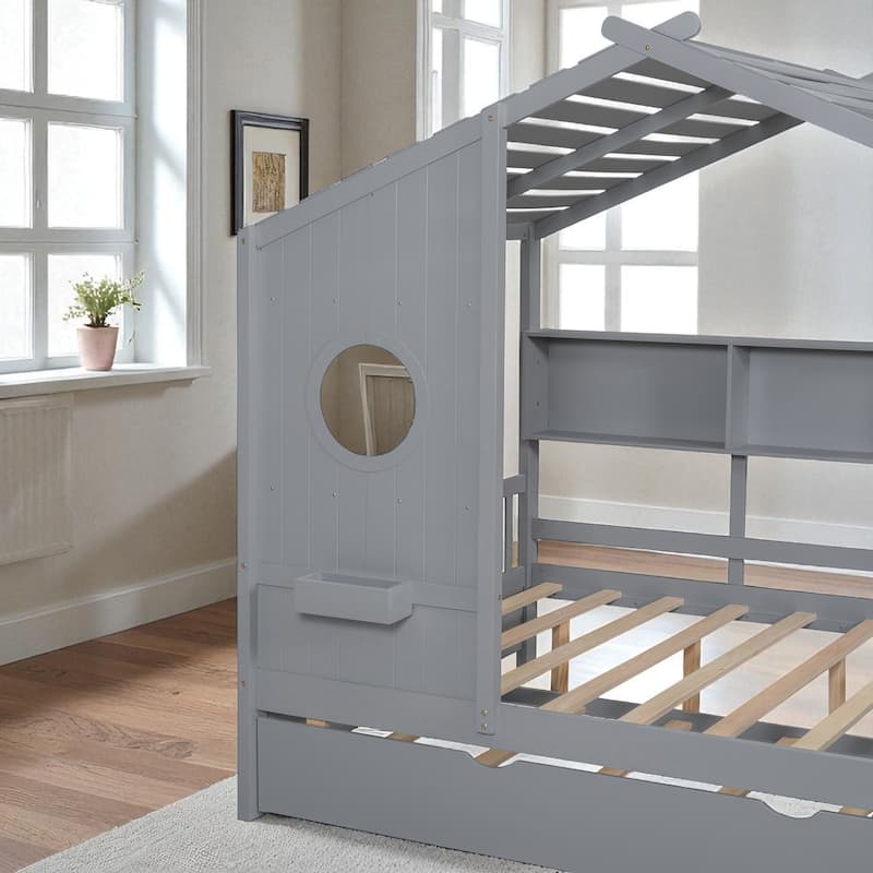 Wooden Twin/Full Size House Bed with Trundle, Storage Shelf & Roof Design - Kids Modern Playhouse Bed Frame