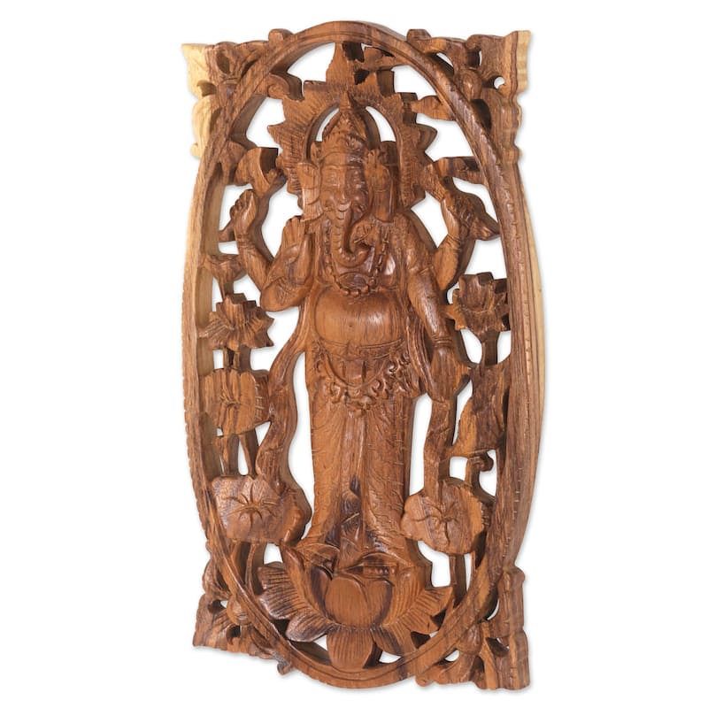 Novica Handmade Ganesha Standing Wood Relief Panel