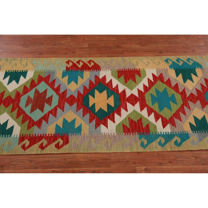 Hand Woven Oriental 100% Wool Carpet Southwestern Geometric Multi-Colored Kilim Runner Rug - 15' 11'' X 2' 7''