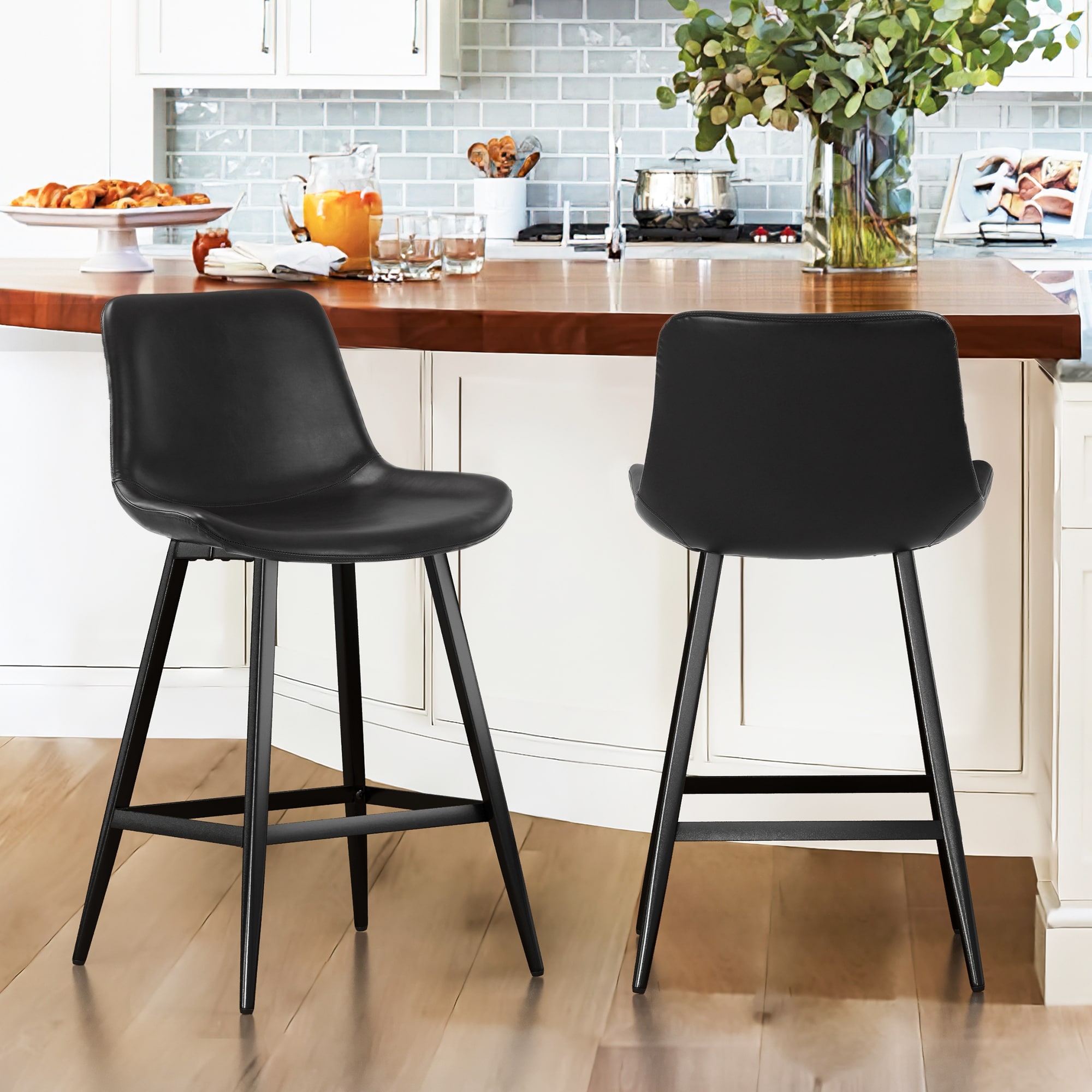 LUE BONA Metal Frame Bar Stools Counter Height Stools with Faux Leather Seat (Set of 2)