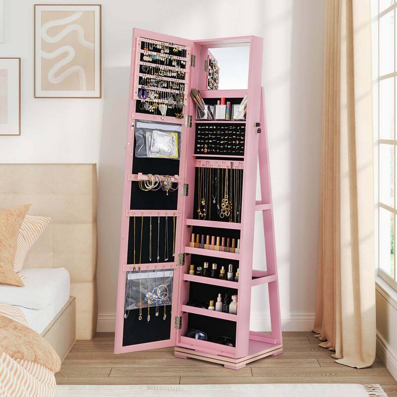 Costway 360degree Rotatable Jewelry Cabinet 2-in-1 Lockable Mirrored - See Details