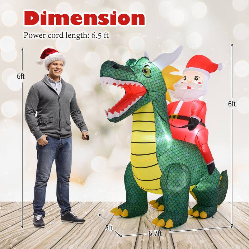Gymax 6.7 FT Christmas Inflatable Santa Claus Ride on Dinosaur