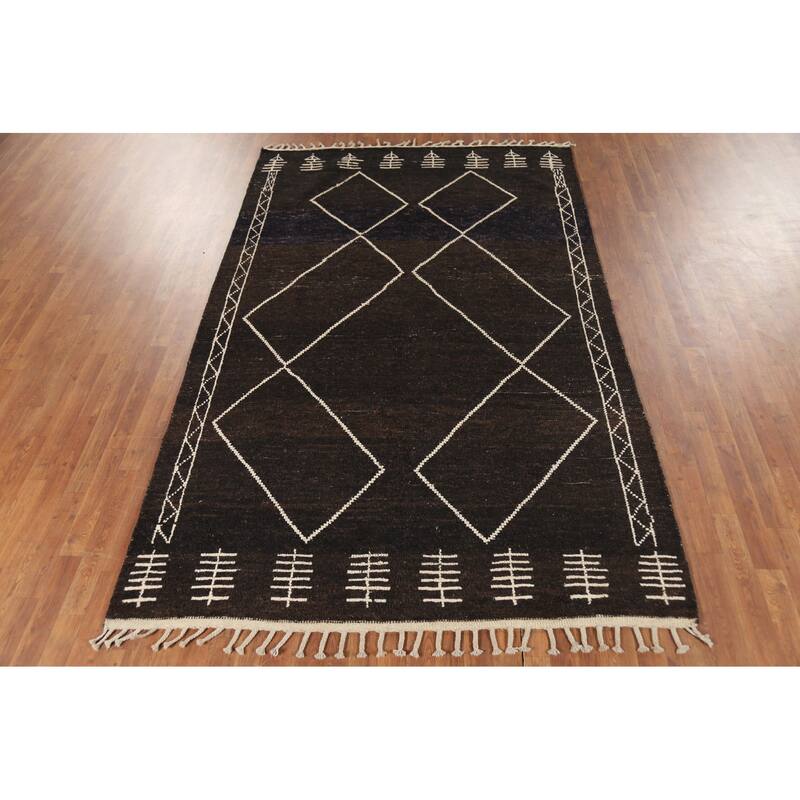 Dark Brown Trellis Moroccan Oriental Area Rug Hand-Knotted Wool Carpet - 5'11"x 9'7"