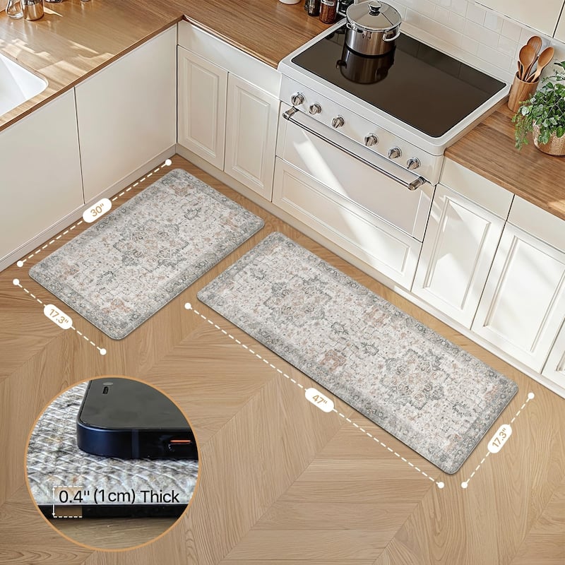 Mcow Harmony Multicolor Floral Boho Anti-Fatigue Memory Foam Kitchen Mat Set - 20''X48'' - Light Taupe Brown - Runner